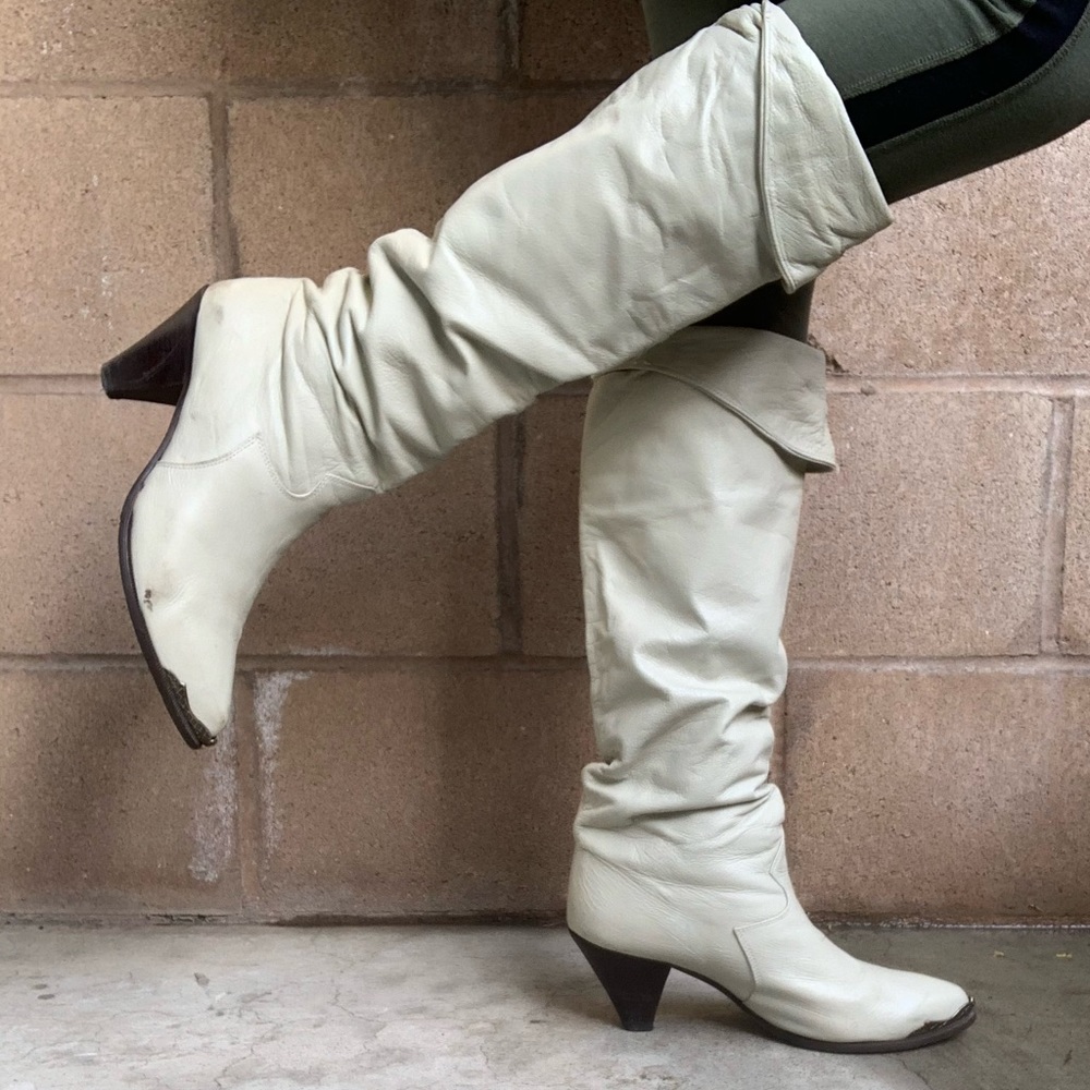 Vintage Zodiac Cream Leather Cowgirl Boots Knee Hi Sz 9